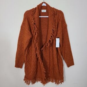 Fable Rust Orange Womens S/M Fringe Cardigan Knit Boho Autumn Western NWT